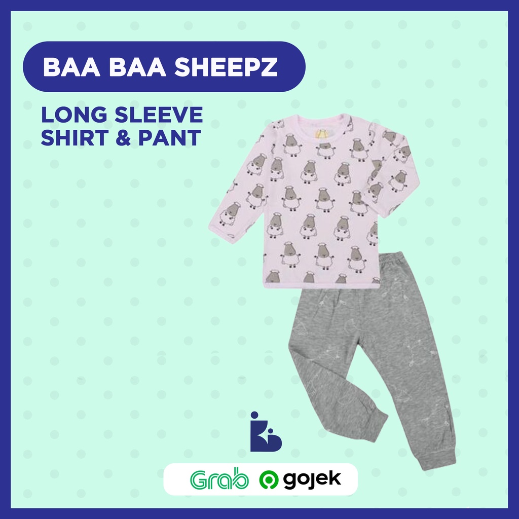 Baa Baa Sheepz Long Sleeve Shirt &amp; Pant - Big Sheep Pink/Big Sheep &amp; Moon Grey | Setelan Anak | Setelan Atas Bawah