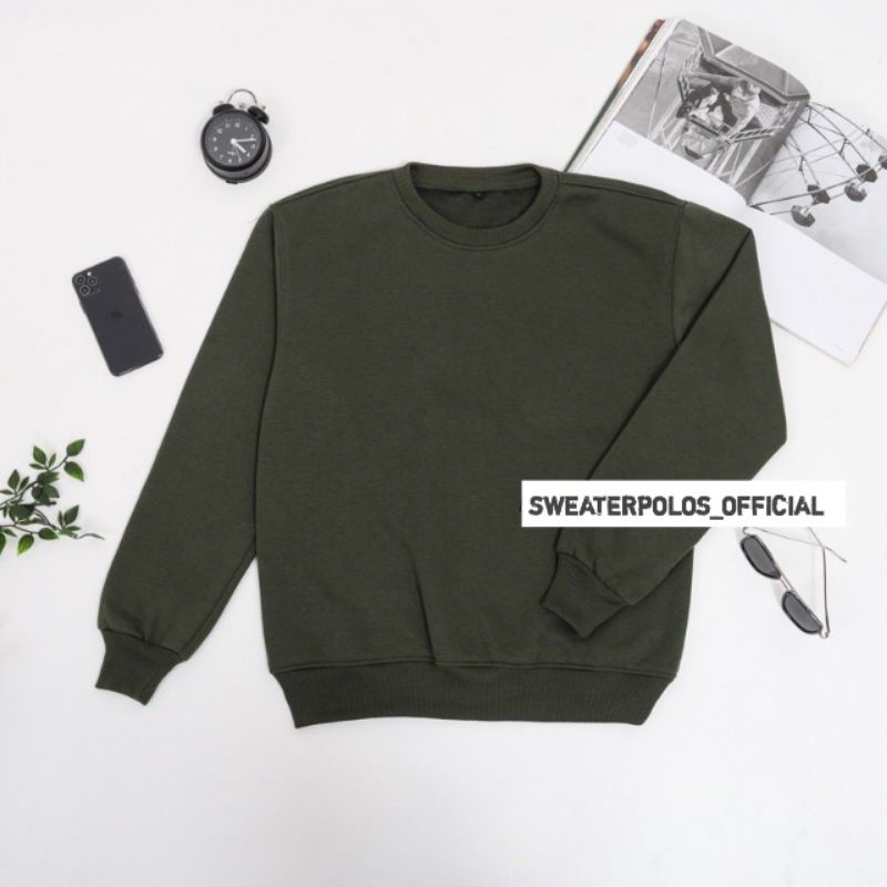{ PREMIUM QUALITY } Basic Sweater Polos Crewneck Pria Wanita / Sweater Crewneck Pria /  Outwear / Sweatshirt / COD / Fleece-CN ARMY