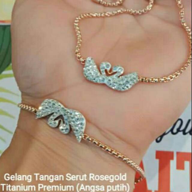 GG Gelang Serut Titanium Premium Aksen Angsa Putih Rose Gold #GT-SANGSA