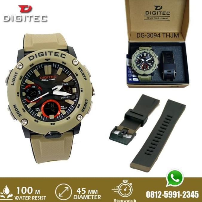 Jam Tangan Digitec DG 3094 DG3094 Double Time Tali Rubber Warna Khaki