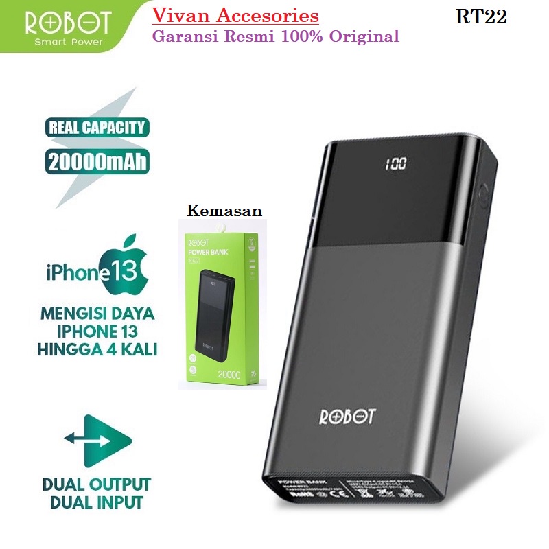 ROBOT RT22 PowerBank 20000mah Dual Port Input &amp; Output Led Display