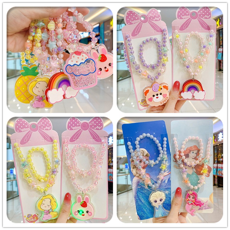 Anak-anak Kalung Set LED+Gelang Mutiara Import Karakter Frozen/Mermaid/Unicorn (Bisa Nyala ada LED)