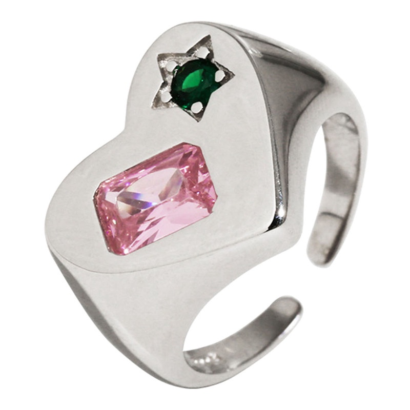 Cincin 925 Sterling Silver Bentuk Hati Aksen Zircon Warna Pink Hijau Untuk Wanita