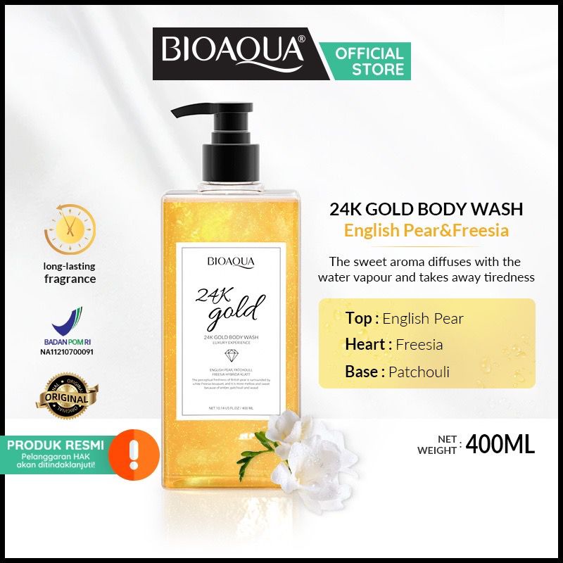 (BPOM) BIOAQUA 24K Gold Body Wash 400ml Shower Gel English Pear &amp; Freesia scent Sabun Mandi Cair Sabun Kecantikan Long lasting