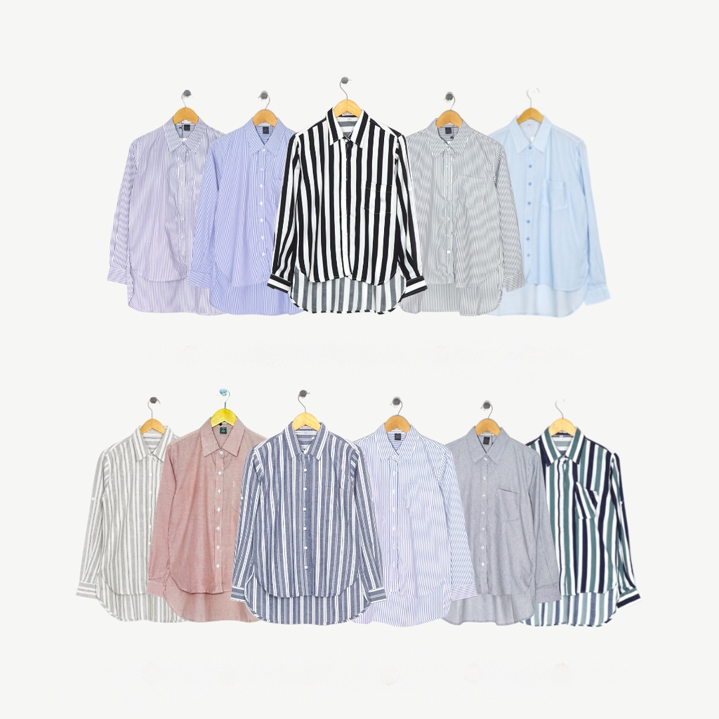 Kemeja Salur Navy Putih Wanita Baju Kantor Formal Kerja Cewek Katun Salur kemeja garis stripe