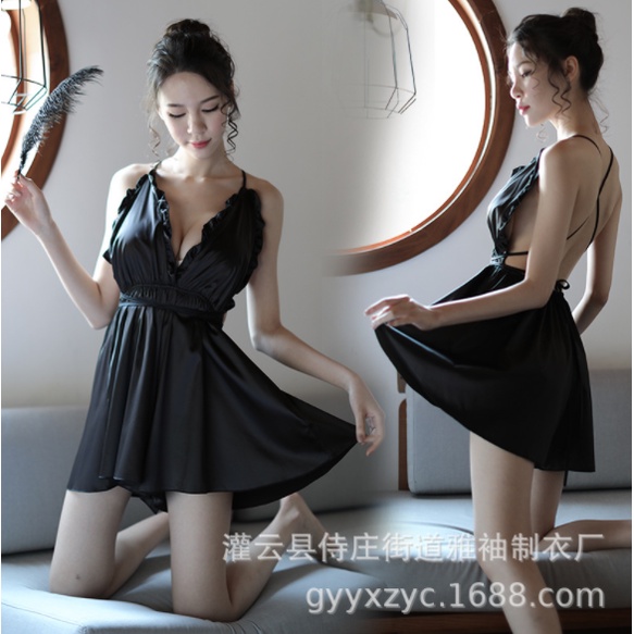 New foreign trade halter suspender nightdress sexy temptation sexy lingerie ruffled imitation silk