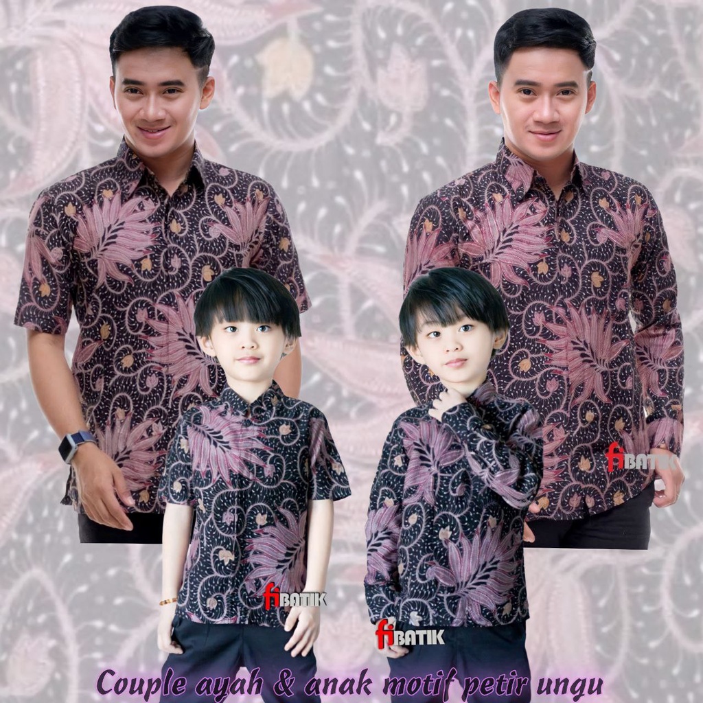 Batik couple ayah &amp; anak laki laki/Baju batik anak Laki Laki/kemeja batik lengan panjang/Batik pria Lengan pendek/motif petir ungu/Batik pria modern