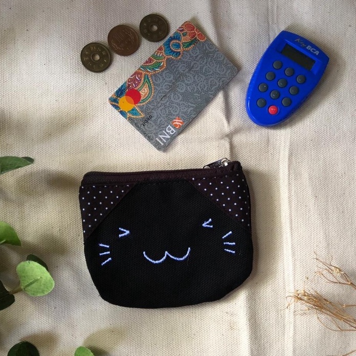 Dompet koin mini resleting lucu karakter cat kucing kanvas heejoubag