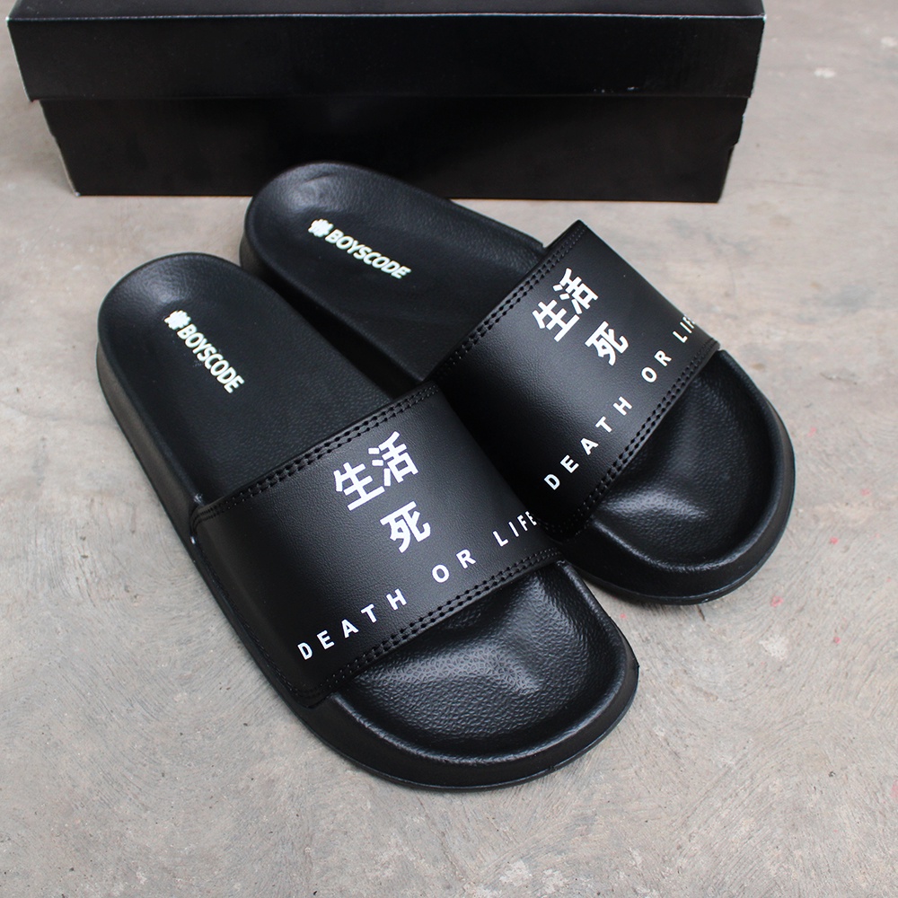 Sendal Slide Pria Distro Boyscode Kanji Death Or Life Original Fullblack / Sendal Selop Pria Terbaru