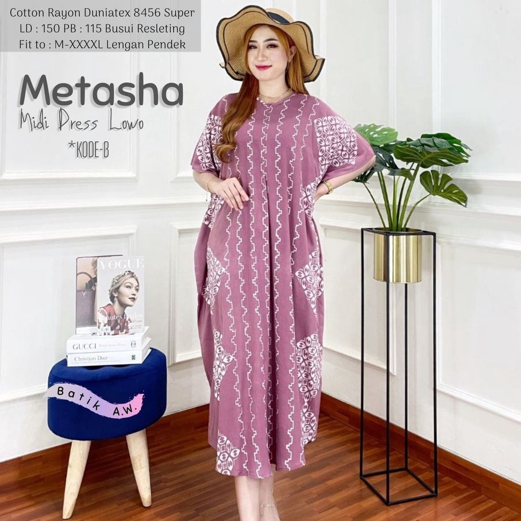 Metasha Daster Rayon Midi Dress Kelelawar Batik Cap Encim Soft Color Size Jumbo L - XXXL Busui Resletng Lengan Pendek