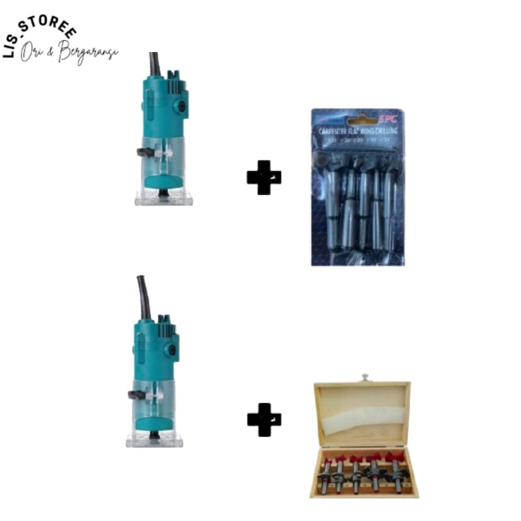 SET MESIN ROUTER TRIMMER MAILTANK SH 134 DAN MATA PROFIL ENGSEL FORSTNER DRILL BIT SET