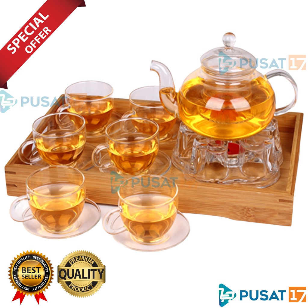 TEA POT TRAY SET 6 CUP GLASS C07 CANGKIR TEKO TEH KOPI SET 6GELAS KACA TAHAN PANAS SOUVENIR GIFT SET
