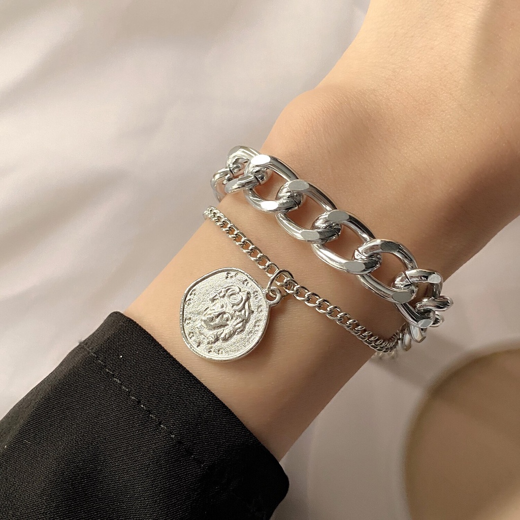 Punk Bracelets Carved Coin Head Bracelet Bangle Bohemian Circle Thick Chain Tassel Pendant Bracelet Women Jewelry