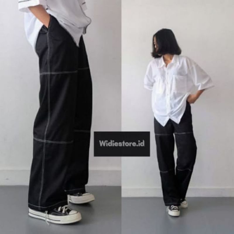 Celana Kulot Hudson Pants List Premium Bahan Drill | Celana Korea Stradivarius Amber Pants Unisex Cowok Cewek