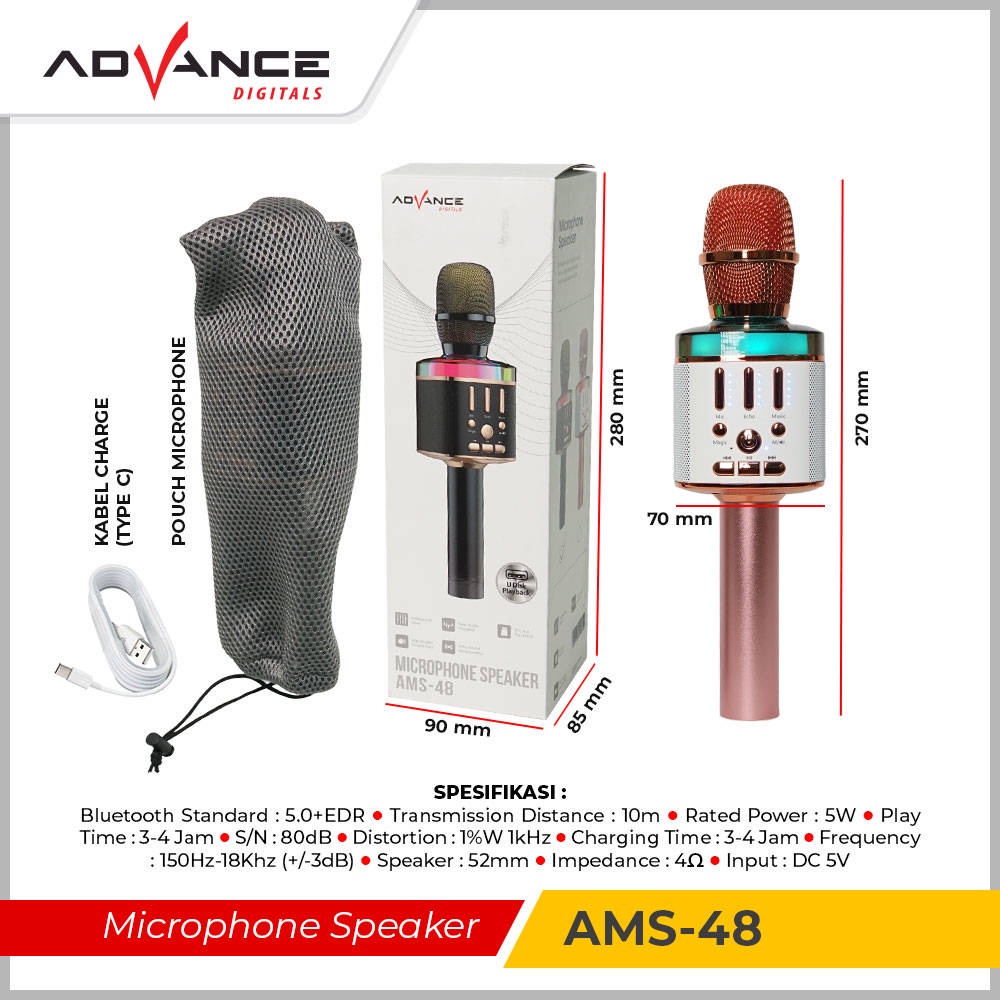 【READY STOCK】 Advance ams 48 mic Wireless bluetooth karaoke support USB Player 1200mAh Frequency 150Hz~18kHz suitable for hobbies or tour guides