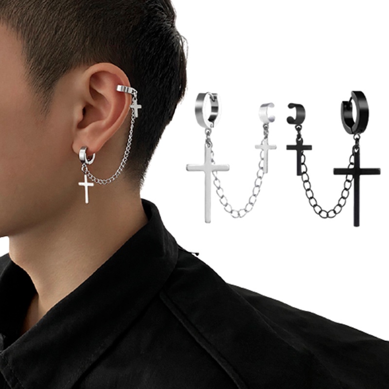 Anting Stud Rantai Rumbai Salib Bahan Logam Gaya Punk Gothic Hip Hop Untuk Wanita