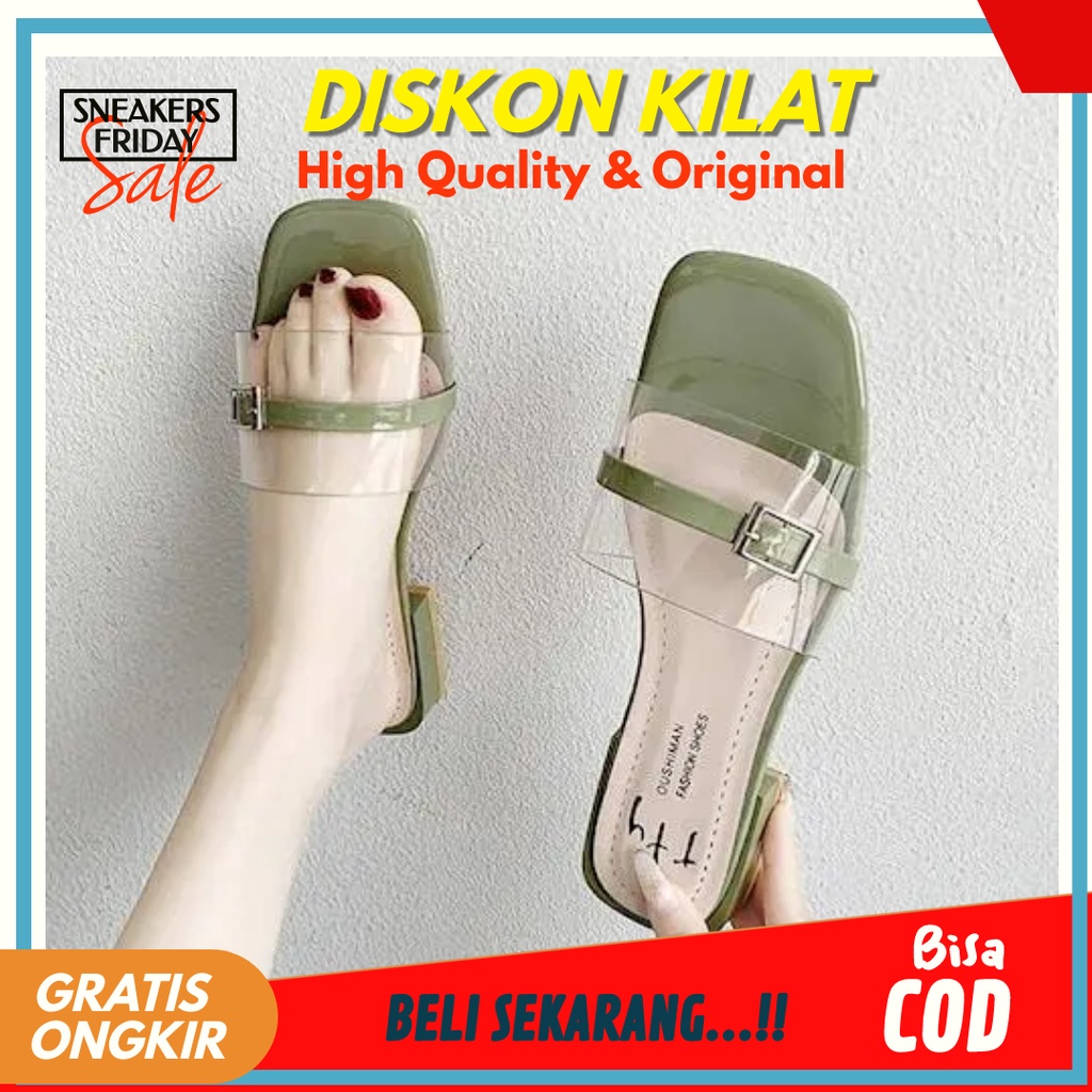 Sandal Wanita Terbaru Kekinian Sandal Mika Trasparan Hak Kaca Bening Teplek Sendal Wanita Hak Tahu H