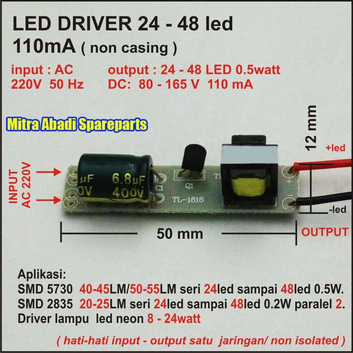 Ready Stok LED Driver  24 48  0 5W 0 5 Watt 110 mA non Casing TY 1616 NO IC Limited