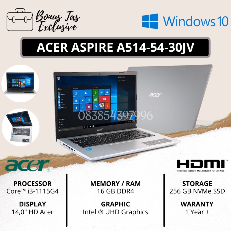 LAPTOP ACER ASPIRE A514-54-30JV [CORE I3-1115G4 / 16GB DDR4 / SSD 256GB + SLOT HDD / 14&quot; HD / FREE INSTALL WINDOWS 10 + TAS LAPTOP EXCLUSIVE] - TEKNO KITA