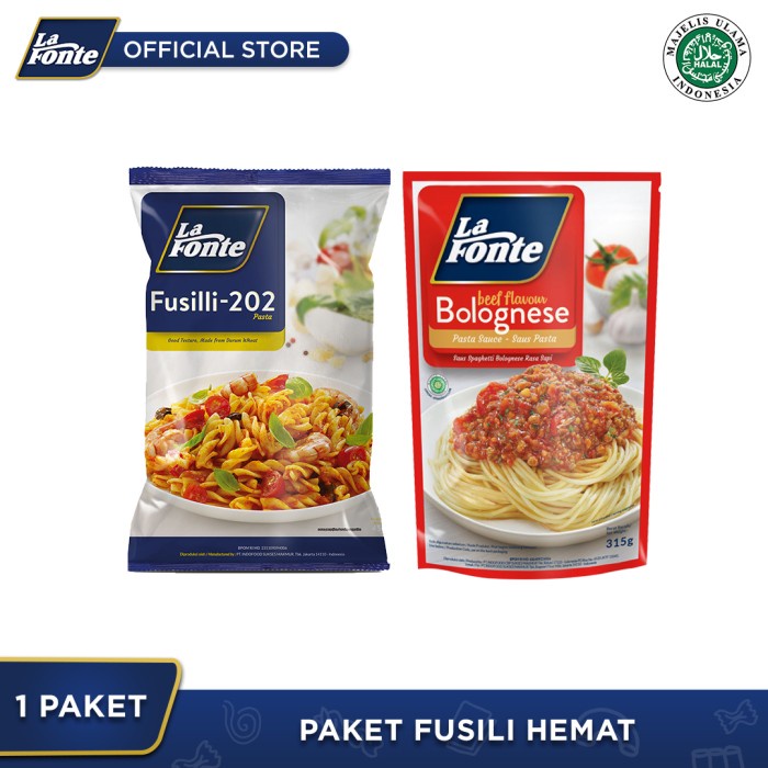 

PASTA-ANEKA- LA FONTE - PAKET SIAP SANTAP FUSILI BOLOGNESE -ANEKA-PASTA.