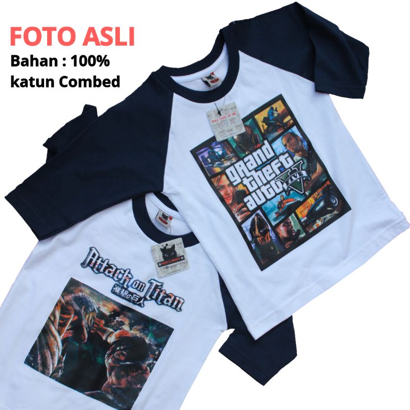BELI 3 GRATIS 1 KAOS ANAK RAGLAN 3/4 GTA 5 V ATTACK ON TITAN terlaris laki perempuan  pico and gracy