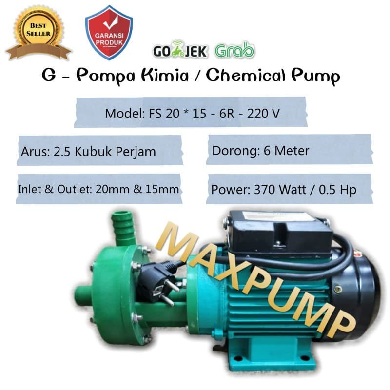 MAXPUMP FS 20 * 15 - 6R - 220 V Pompa kimia asam 0.5hp 0.37Kw 2.5Kubik 220Volt Chemical pump Pompa Kimia Termurah