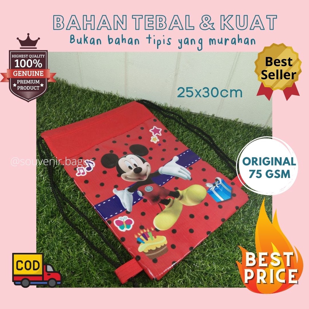 Tas Ultah Anak Mickey Serut Backpack Ready Stock Tebal Murah Merah Tali Hitam