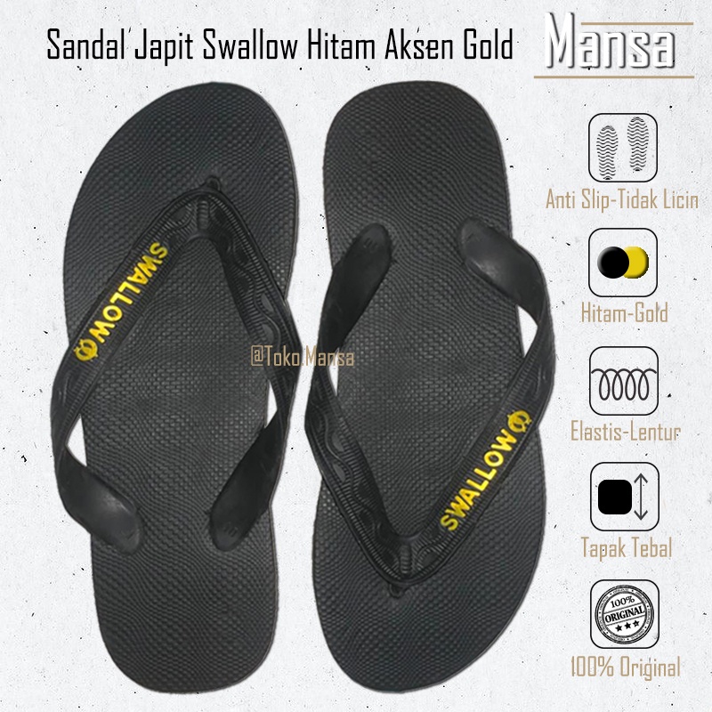 Sendal Jepit Swallow Black Pearl M01 (All Black) - Sandal Japit M01 Swallow Hitam Aksen warna GOLD