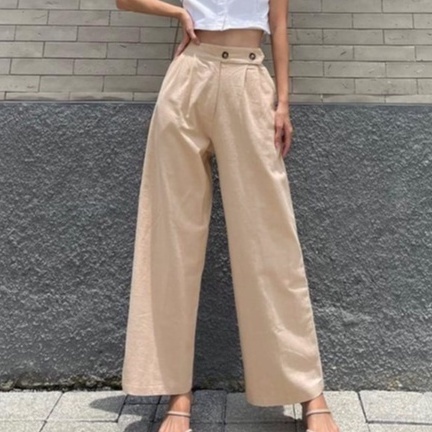 HOPYLOVY Celana Kulot Wanita Katun Linen Double Button Jemima / Celana Panjang Wanita Polos-SALEM