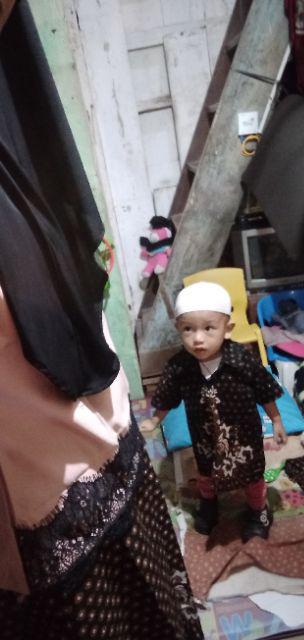 Couple Batik Keluarga Set Renda Ayah Ibu + Anak Cowok 3-12 Th Model Gamis Sarimbir Family Hitam Gold