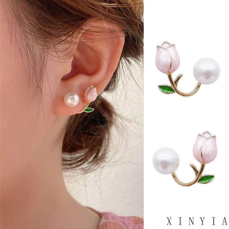 【COD】Bentuk Bunga Tulip Warna Pink Anting Mutiara Mode Retro Korean Anting Drop Bola Mutiara Dasar Anting Tindik Sederhana Kecil dan sederhana