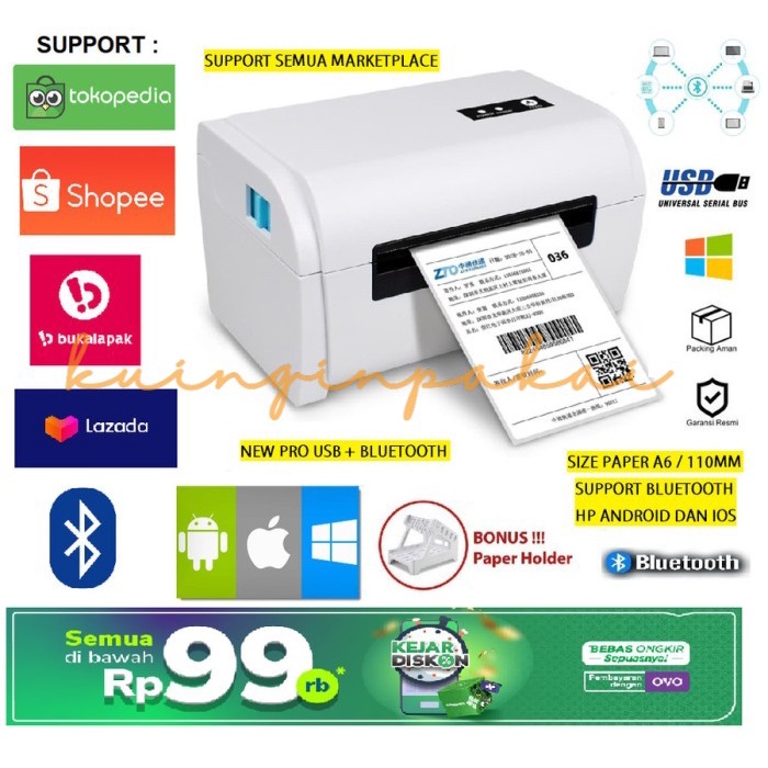 

PRINTER LABEL BLUETOOTH BARCODE RESI ALAMAT PENGIRIMAN A6 / 110MM KUINGINPAKAI