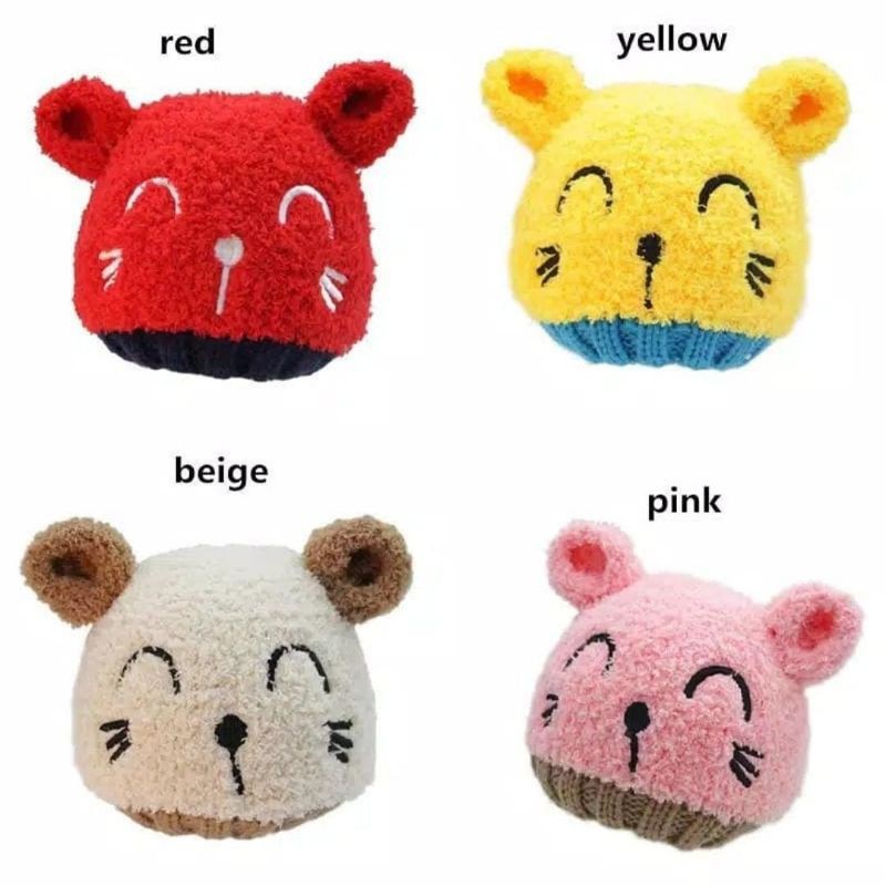 Topi Kupluk anak Bayi Rajut Fleece smiley cat hangat lembut fashion baby import