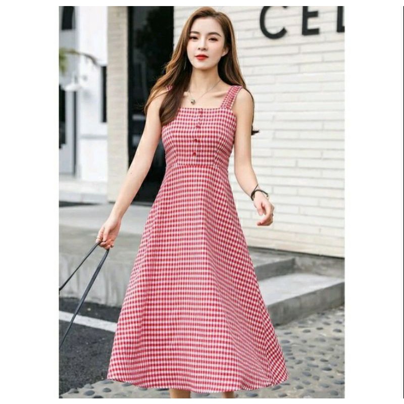 korean midi dres motif kotak kotak