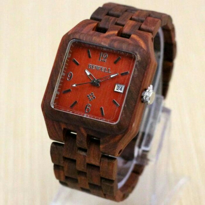 Jam tangan pria wanita Kayu Bewell Kotak coklat dalam terang jtr 1122