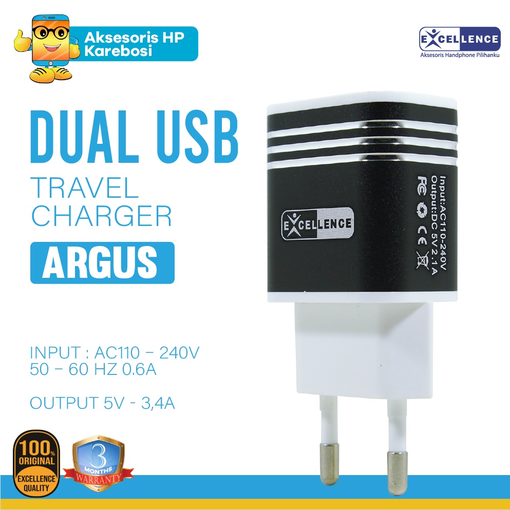Travel Charger Excellence 3.0 2 USB iPhone/Micro USB/Type-C Argus