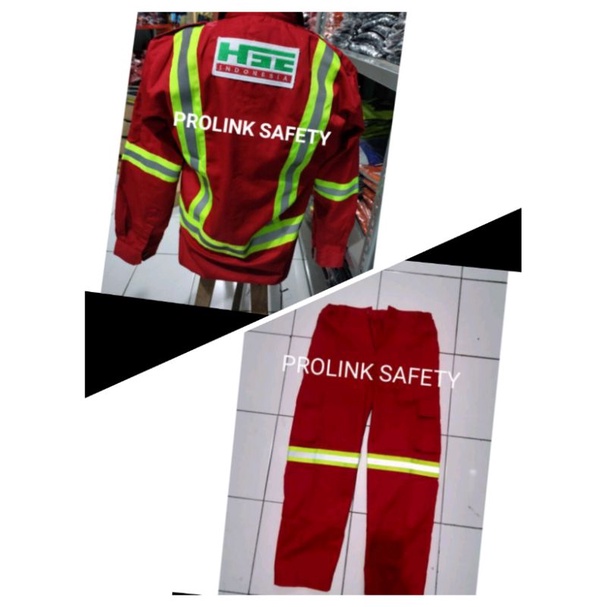 SETELAN SERAGAM SAFETY HSE MERAH RESLETING DAN KANCING