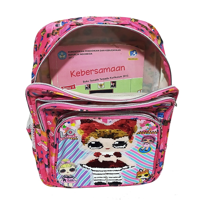 Tas Ransel SEQUIN Anak Perempuan TK/SD - Tas Sekolah Gendong Usap Karakter LOL