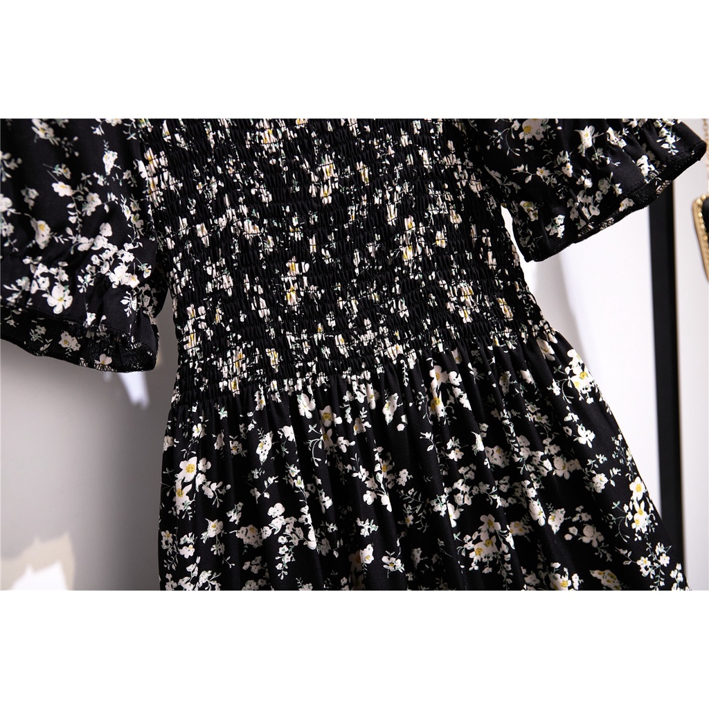 COD New 2022 Hitam Floral Midi Dress Korea Style Pantai Baju Dress Wanita Baju Pesta Gaun 2023 Dada Lipit Musim Panas