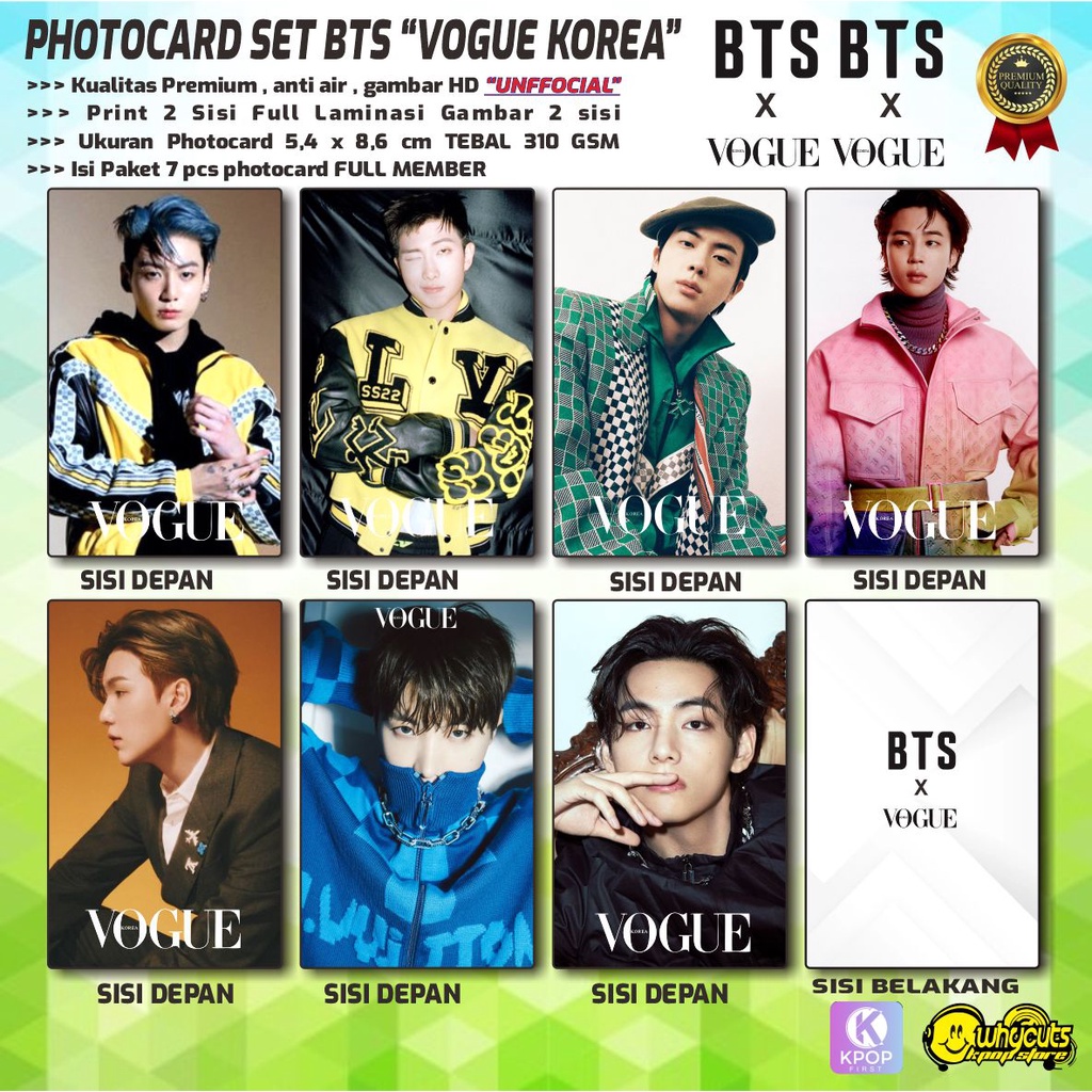 PHOTOCARD FULL SET KPOP PREMIUM BTS / QG KOREA / VOGUE KOREA / LOUIS VUITTON / LOTTE DUTY / PRINT 2 SISI FULL LAMINASI GLOSSY ISI 7 PCS