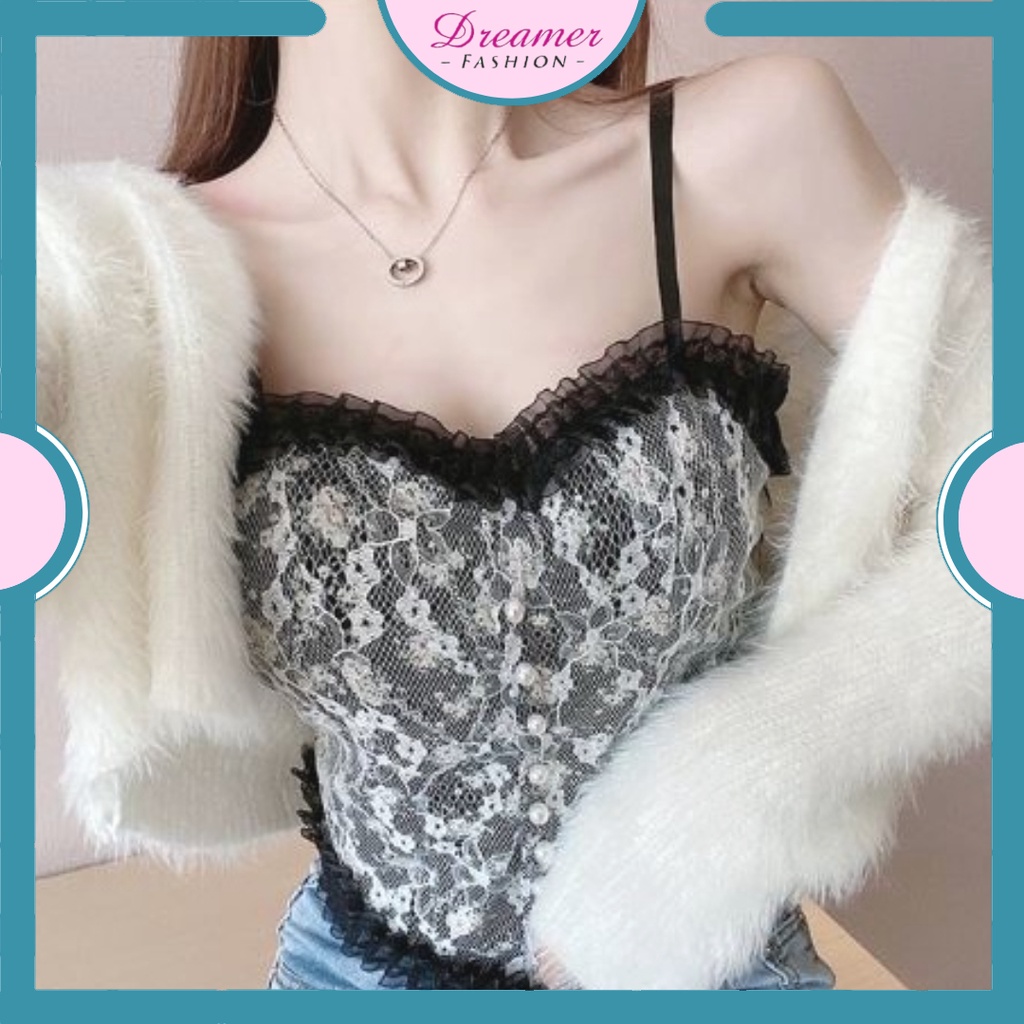 DF BR095 Bra Bh Tanktop Crop Korean Lace Floral Vintage Wanita Motif Bunga Retro Gaya Korea