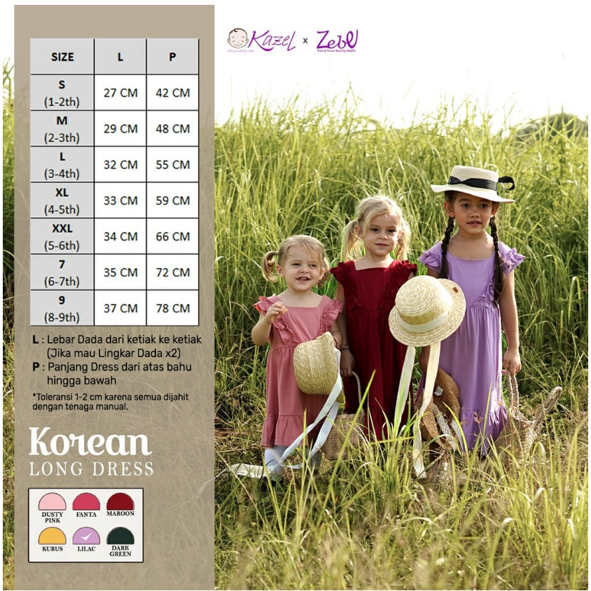 ZEBE KAZEL Korean Long Dress Korea Anak Perempuan 1-9 Thn/ Dress anak Perempuan Kekinian P100 CBKS