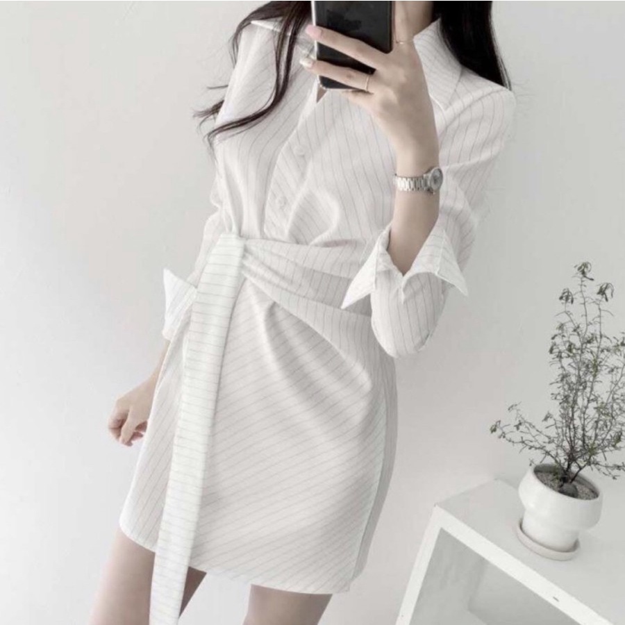 CASUAL KEMEJA MINI DRESS POLYESTER PREMIUM WHITE BLACK ALL SIZE NEW