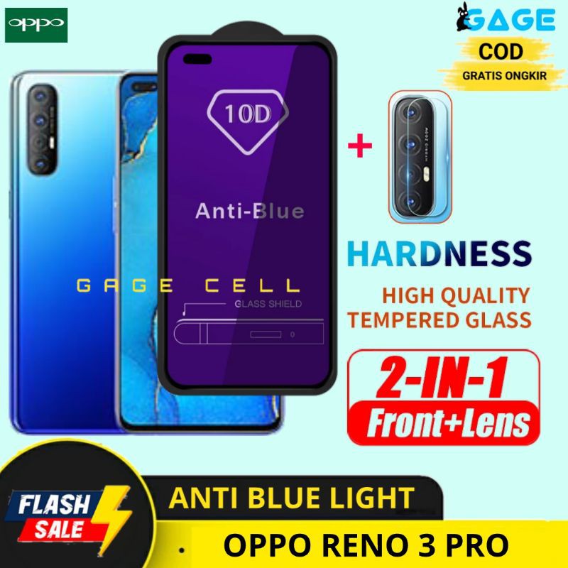 2IN1 TEMPERED GLASS ANTI BLUE LIGHT OPPO RENO 3 PRO - TG ANTIGORES FULL LAYAR KAMERA OPPO RENO3 PRO