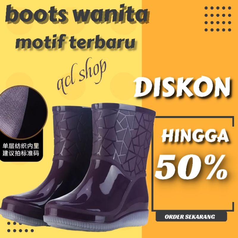 Sepatu Boots Wanita Anti Air / Sepatu Boots Hujan Low Heels (Bahan Karet Untuk Wanita)