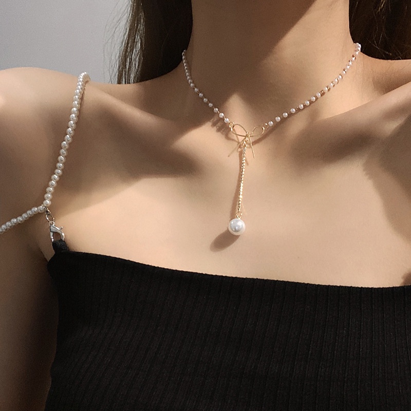 Kalung Rantai Klavikula Model Double Layer Aksen Kupu-Kupu Mutiara Gaya Korea Untuk Wanita