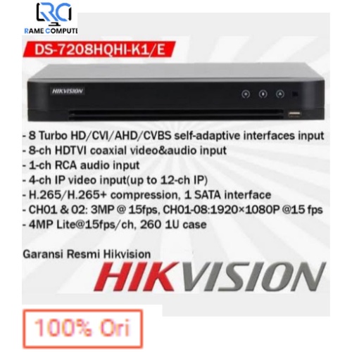 DS-7208HQHI-K1/E DVR HIKVISION 8CH SUPPORT 3MP BERGARANSI RESMI