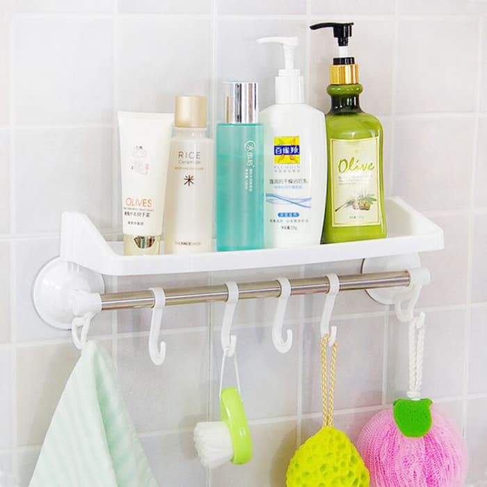 Rak Gantungan 2IN1 / Gantung Handuk dan Tempat Sabun Shampoo Tempel Dinding Kamar Mandi Dapur / Holder Tempat Shampo Spons Baju Botol Kecap Peralatan Bumbu / Silicone Suction Vakum Tanpa Paku Serbaguna-1
