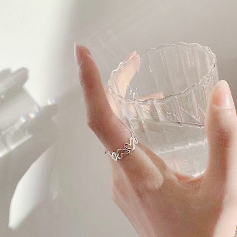 2pcs / Set Cincin Bentuk Hati Model Terbuka Warna Silver Dapat Disesuaikan Untuk Wanita