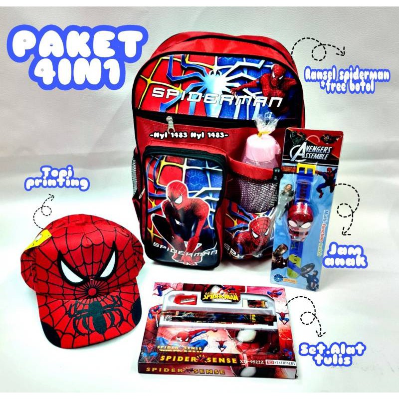 PAKET HEMAT 4IN1 Ransel = Topi printing = Jam = Waistbag/Set Alat Tulis Anak Cowo